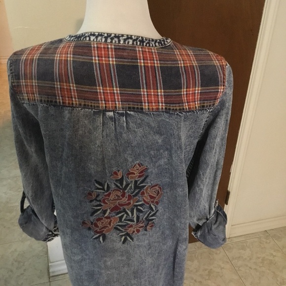 JOHN MARK DENIM FLANNEL EMBROIDERED FRONT SIDE POCKET DRESS/ SIZE SMALL - Picture 5 of 5